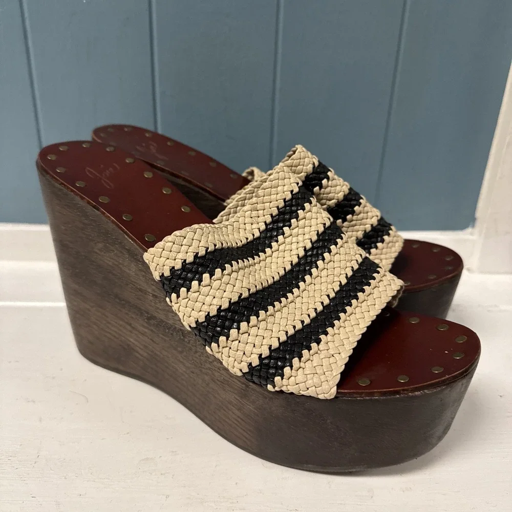 Joie Black Ivory Black Woven Stripe Braided Leather Platform Wood Wedges 10 - 40